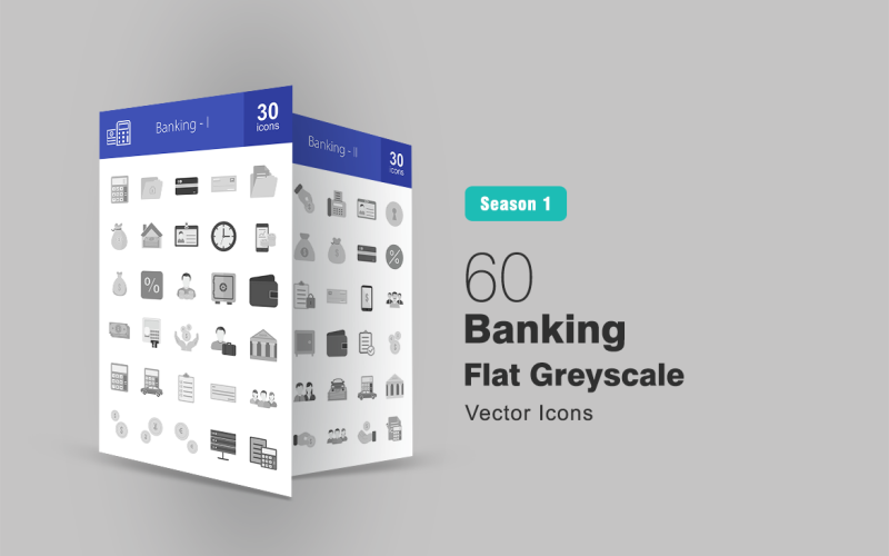 60 Flaches Graustufen-Icon-Set für Banken