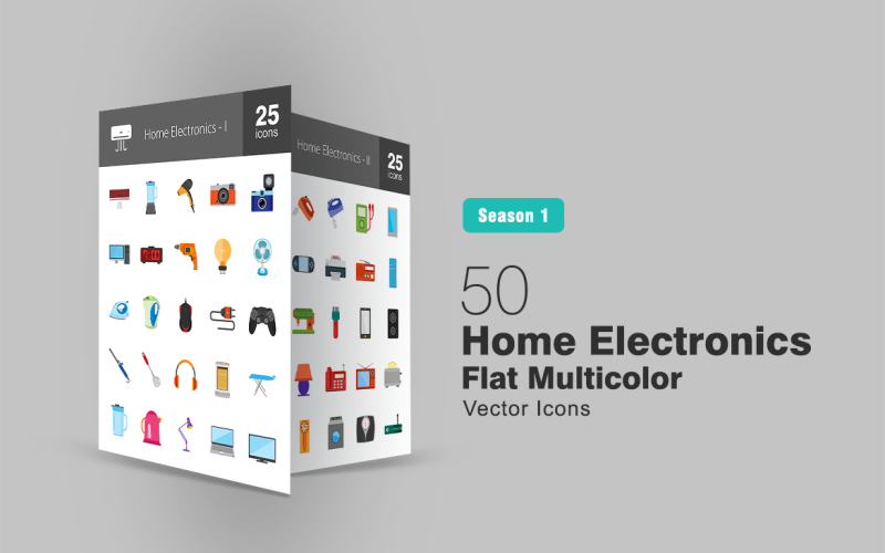 50 conjunto de iconos planos multicolores de electrónica doméstica