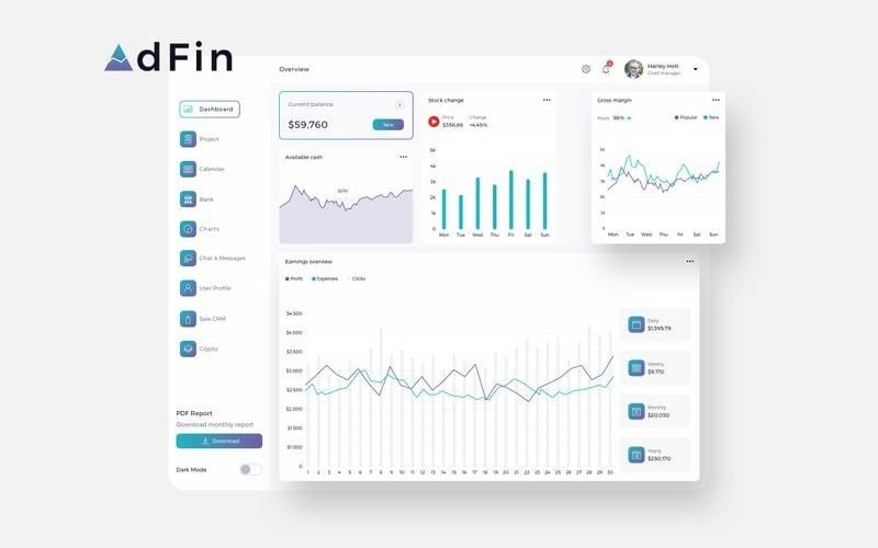 Modèle de croquis léger de l'interface utilisateur du tableau de bord AdFin Finance