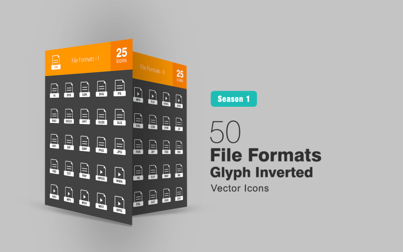 Ensemble d'icônes inversées de glyphe de 50 formats de fichier