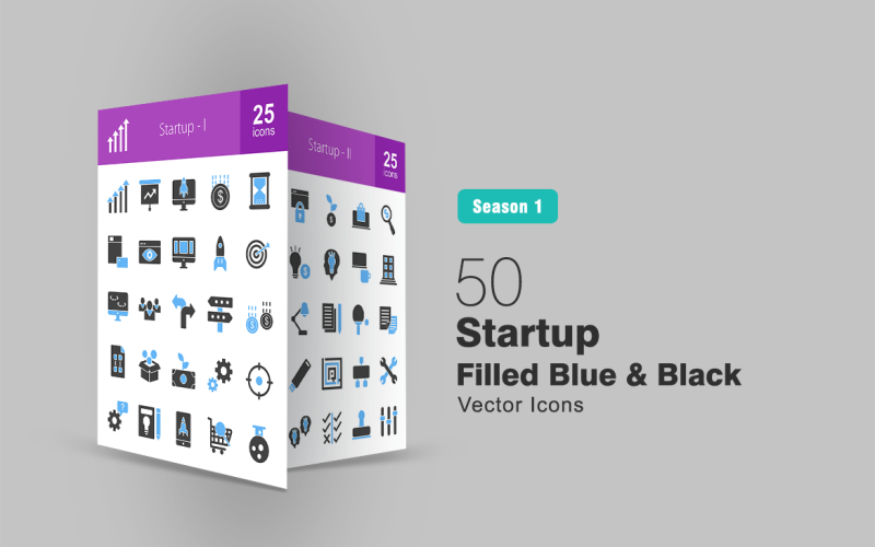 50创业公司充满蓝色 & Black Icon Set