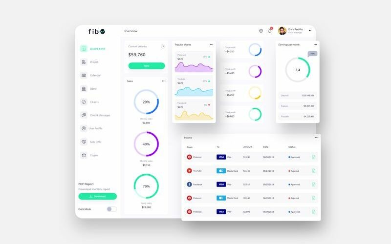 Modelo de esboço leve da interface do usuário do painel financeiro fib