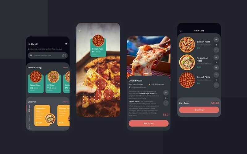 Rendeljen Food Dark Mode mobil felhasználói felület vázlat sablont