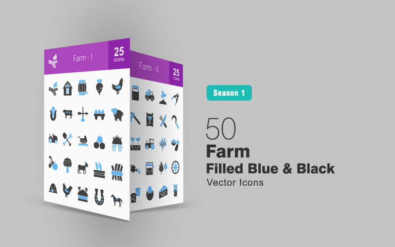 50 Farm Filled Blue & 黑色图标集