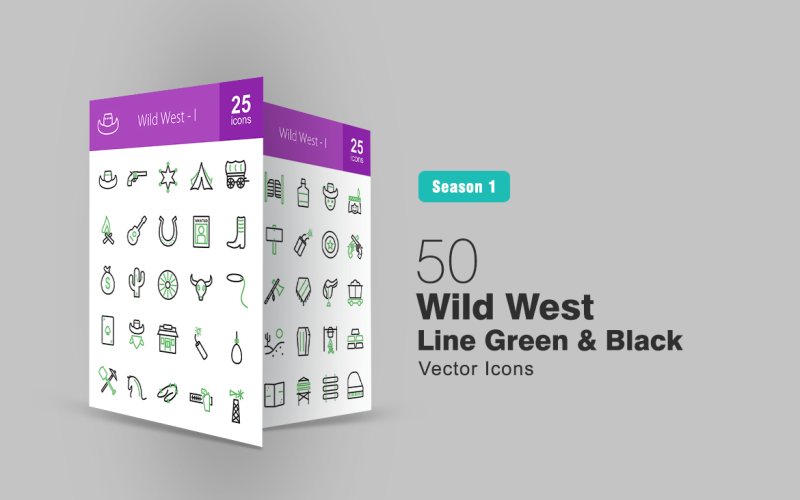 Zestaw ikon 50 Wild West Line Green & Black