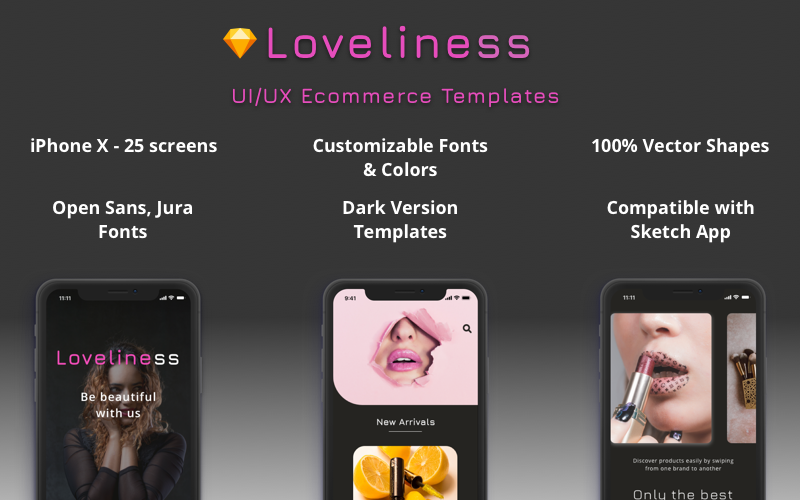 Loveliness - Conjunto de compras de comercio electrónico de moda UI/UX para iPhone X Sketch Template