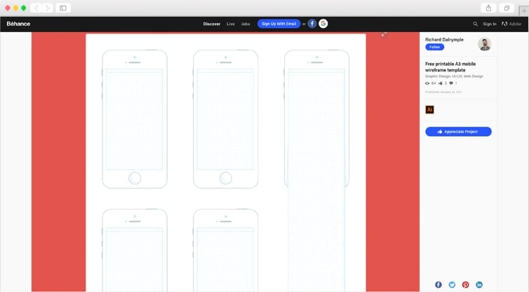 Behance | Modèle wireframe pour mobile A3 imprimable gratuit