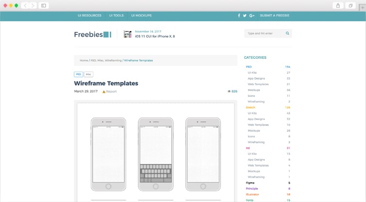 FreebiesUI | Modèles de wireframe pour iOS, Android, iPad App ou Site Web
