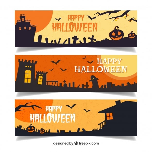 Set of halloween banners with dark landscapes