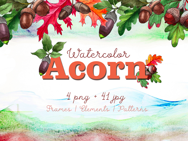 Autumn Acorn Leaf and Plant PNG Watercolor Set Illustration