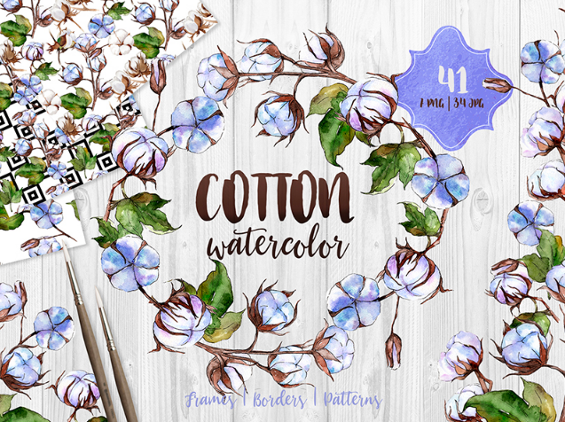 Blue and White Cotton PNG Watercolor Set Illustration