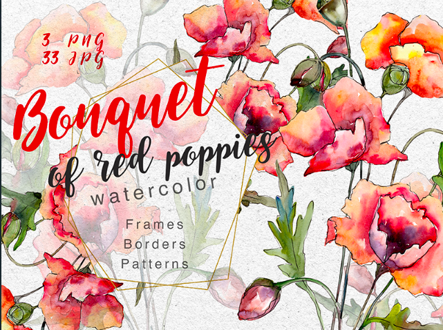 Bouquet of Red Poppies PNG Watercolor Set Illustration