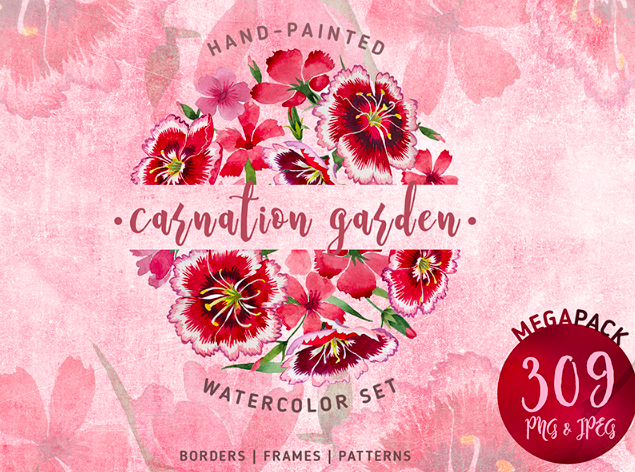 Carnation Garden PNG Watercolor Set Illustration