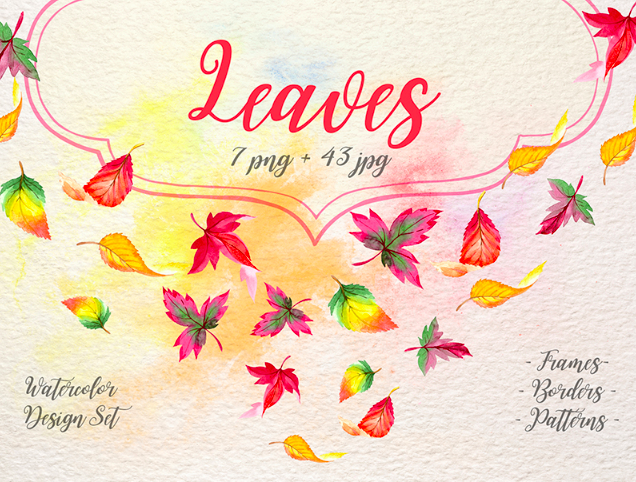 Cool Autumn Leaves PNG Watercolor Set Illustration