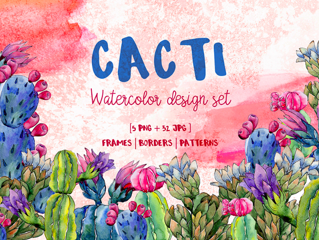 Cool Cacti Tropical flower PNG Watercolor Set Illustration