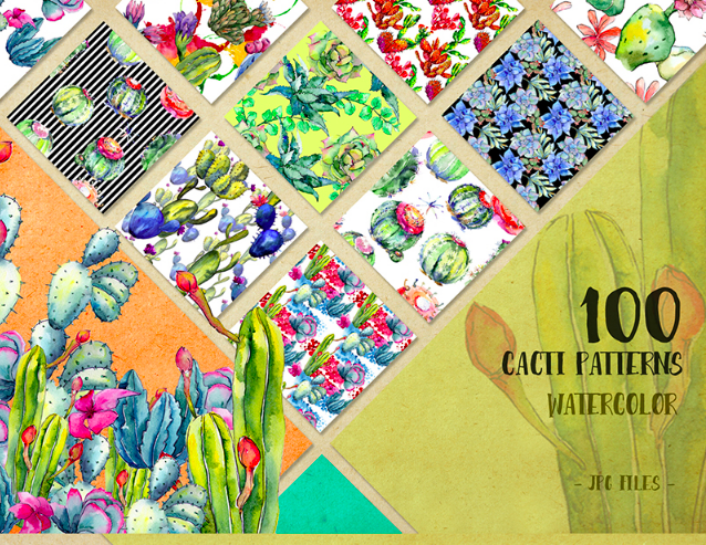Watercolor 100 Cacti Patterns JPG Set Illustration