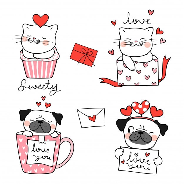 draw portrait-cute cat pug dog valentine