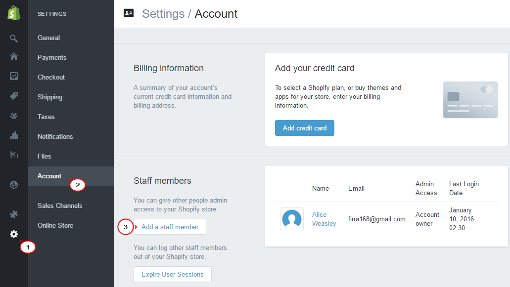Shopify How to add an admin user and set permissions to it Template