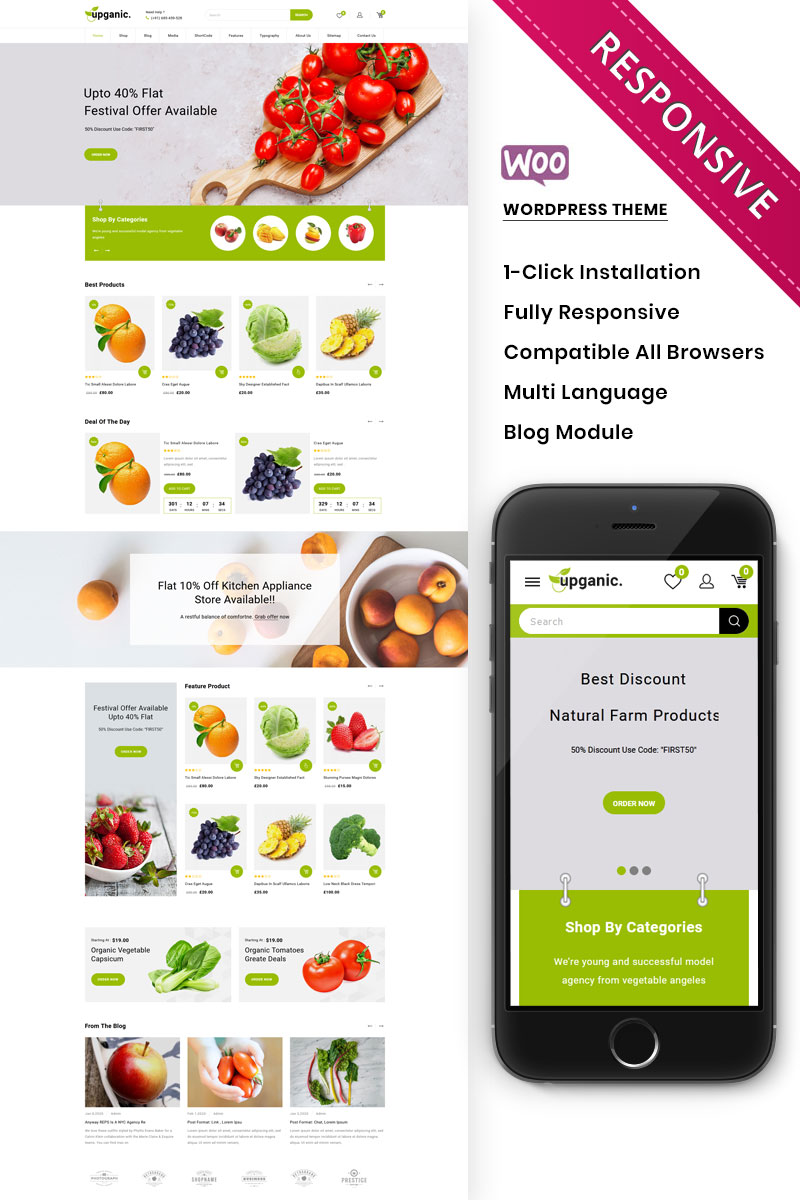 Responsivt Upganic - The Mega Grocery Store Premium WooCommerce-tema #100118
