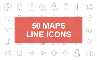 50 Maps & Location Line Black Icon Set