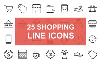 25 Shopping Line Black Icon Set