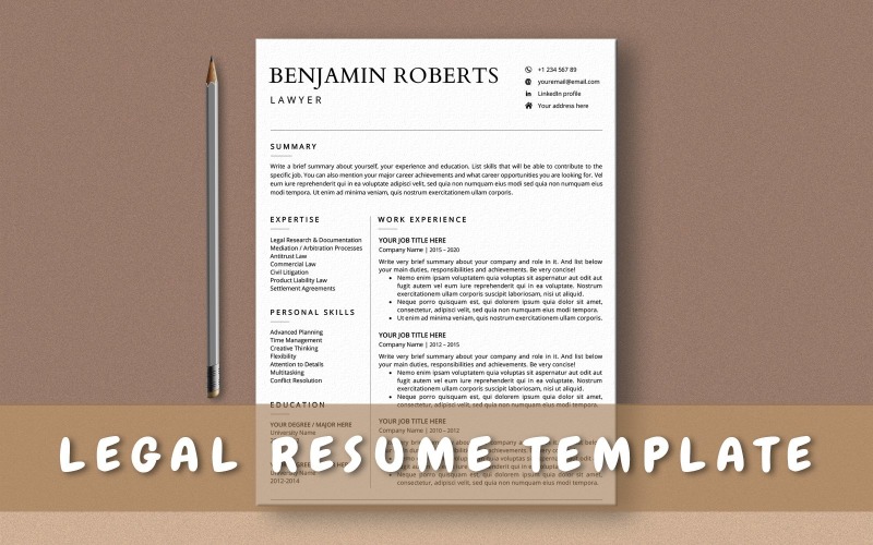 Legal Resume Template, Lawyer CV and Cover Letter Template for MS Word