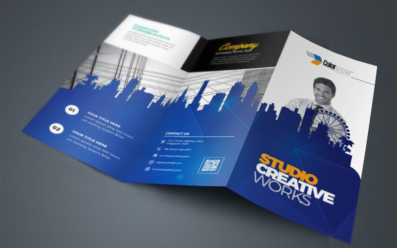TriFold Brochure With Egyptian Blue Building Elements Corporate Identity