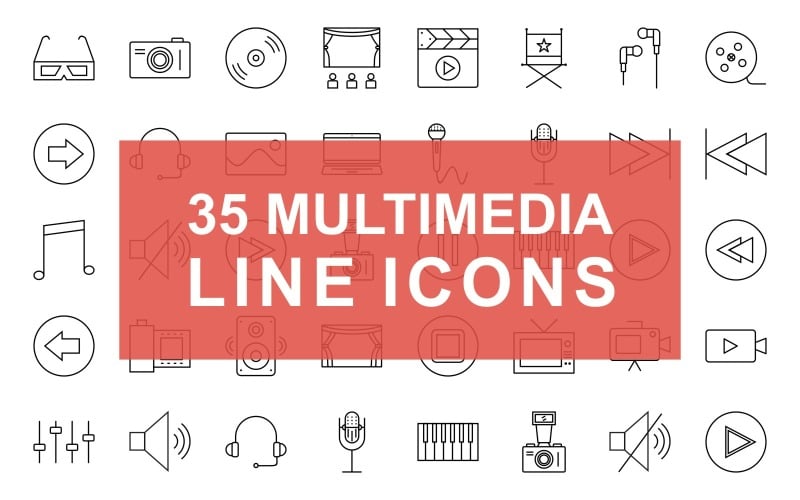 34 Multimedia Line Black Icon Set