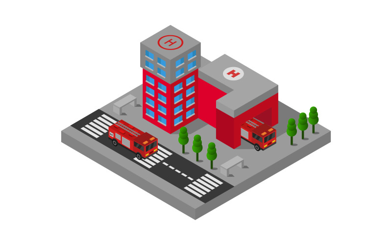 Isometric Fire Station on Background - Vector Image Vector Graphic