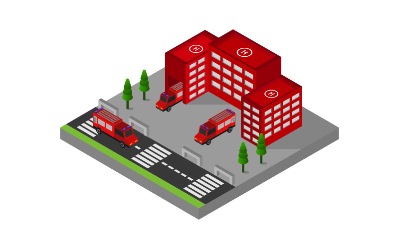 Isometric Fire Station on White Background - Vector Image Vector Graphic