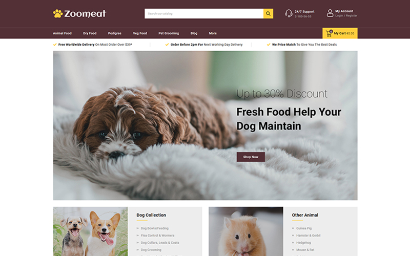 Tema PrestaShop Responsive #102225 "Zoomeat - Pets & Animals Store"