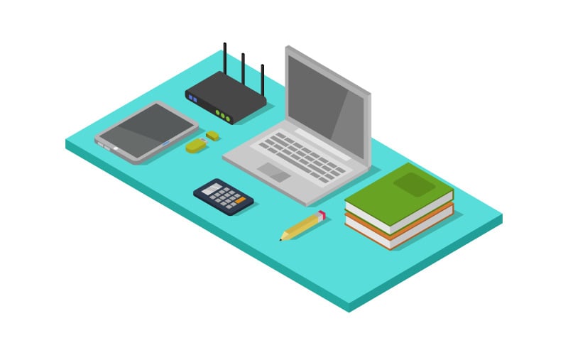 Isometric Office Desk on White Background - Vector Image Vector Graphic