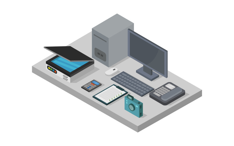 Isometric office desk on white - Vector Image Vector Graphic