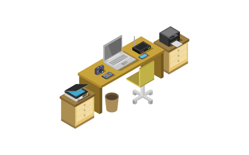 Isometric Office Desk on white background - Vector Image Vector Graphic