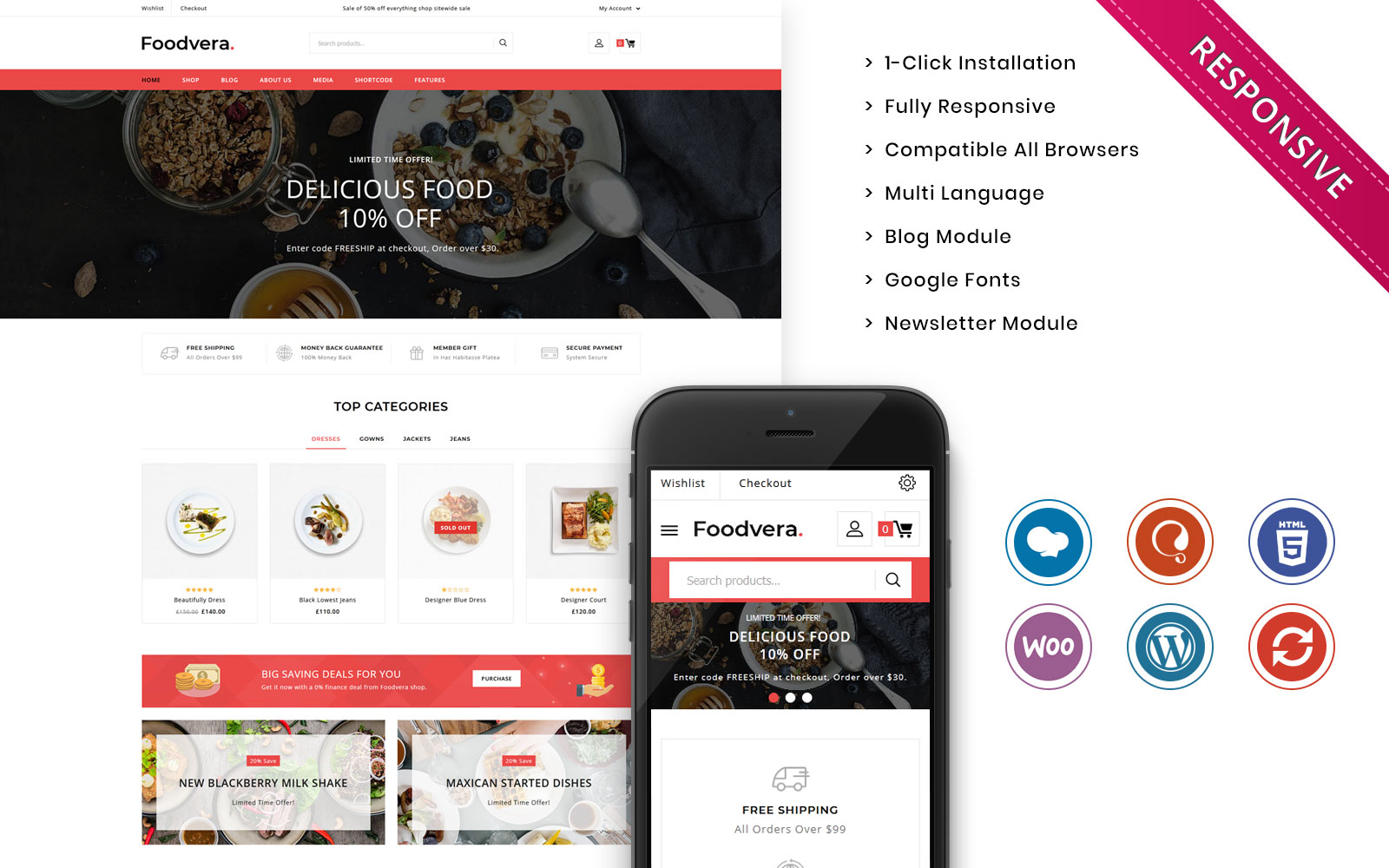 Responsivt Foodvera - The Fast Food & Restaurant Store WooCommerce-tema #102493