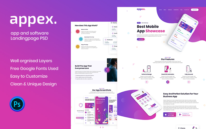 Szablon PSD Appex-App Landing Page #102538