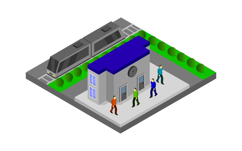 Isometric Train Station - Vector Image Vector Graphic