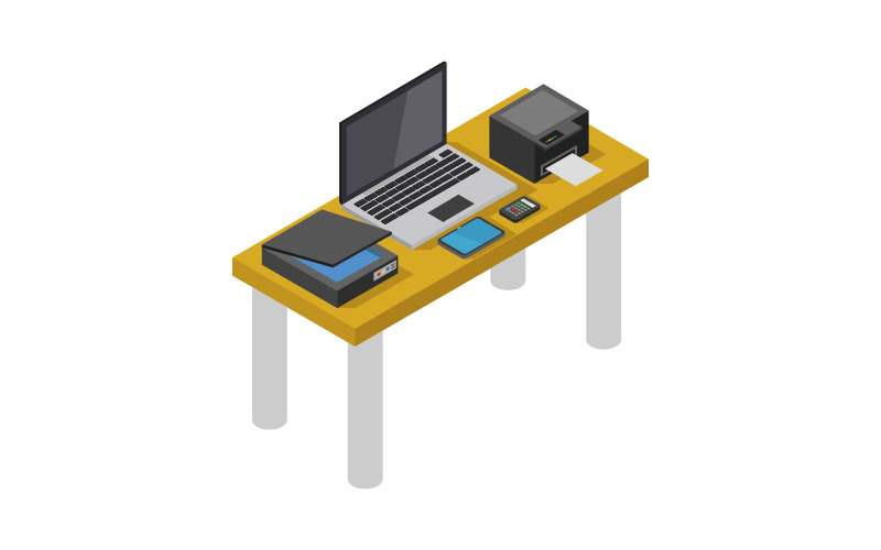 Isometric office desk on a white background - Vector Image Vector Graphic