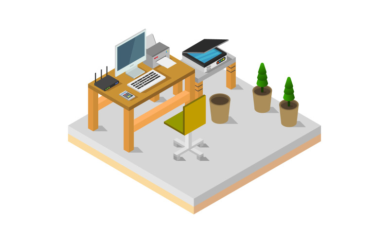 Colorful isometric office desk - Vector Image Vector Graphic