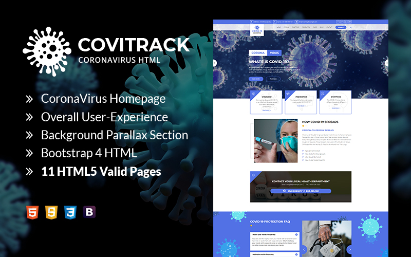 "Covitrack - Coronavirus HTML" - адаптивний Шаблон сайту №103142