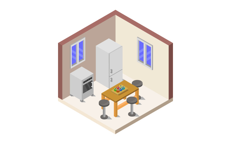Isometric kitchen room on background - Vector Image Vector Graphic
