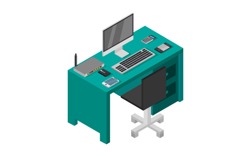 Isometric office desk - Vector Image Vector Graphic
