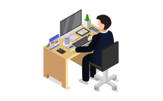 Office desk with isometric business man - Vector Image