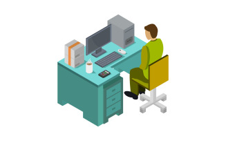 Office desk with isometric business man - Vector Image