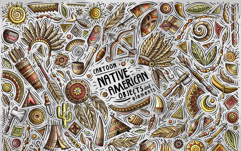 Native American Cartoon Objects Set - Vector Image Vector Graphic