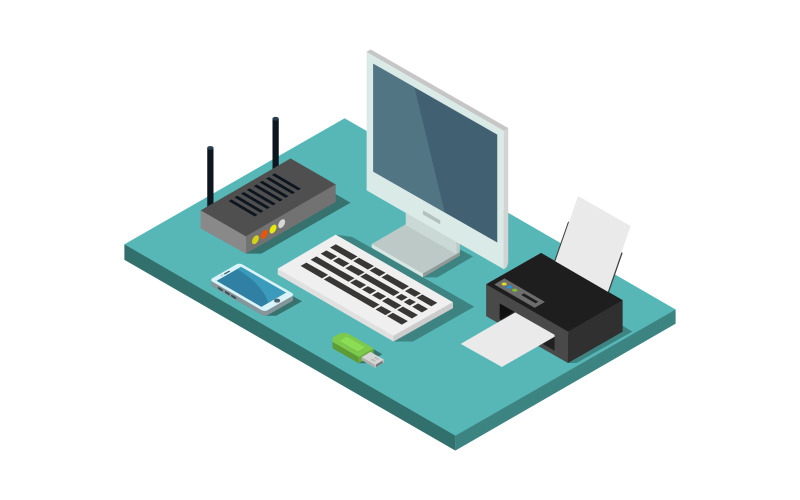 Isometric Office Desk - Vector Image Vector Graphic