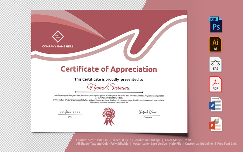 Printable of Appreciation Certificate Template