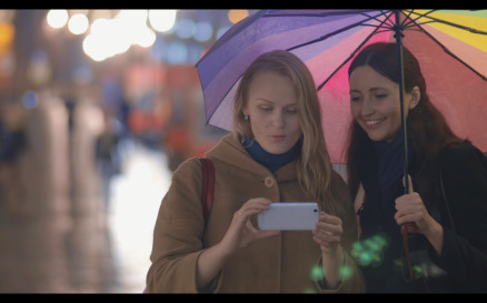 Women Making Funny Selfie in Evening Rainy City - Stock Video