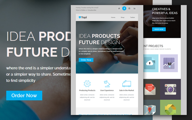 Newsletter šablona "Topi - Responsive Multipurpose with Stampready builder." #106928