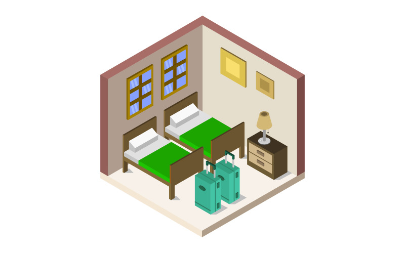 Isometric Hotel Room Illustrated on White Background - Vector Image Vector Graphic